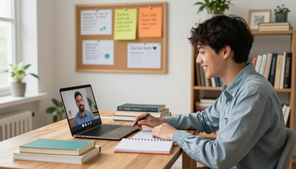 A cozy online tutoring session set in a well-lit home office. In the foreground, a smiling college student, dressed in smart casual attire, sits at a wooden desk, engaged in a video call with a mentor displayed on a laptop screen. The student is surrounded by textbooks and notebooks, showcasing a vibrant and engaging learning environment. In the middle ground, a colorful bulletin board hangs on the wall, filled with educational materials and motivational quotes. The background features a bookshelf packed with academic literature and a potted plant, adding a touch of warmth. Soft, natural lighting filters in through a nearby window, creating an inviting and focused atmosphere perfect for tutoring and academic coaching, capturing the essence of online learning. A cozy online tutoring session set in a well-lit home office. In the foreground, a smiling college student, dressed in smart casual attire, sits at a wooden desk, engaged in a video call with a mentor displayed on a laptop screen. The student is surrounded by textbooks and notebooks, showcasing a vibrant and engaging learning environment. In the middle ground, a colorful bulletin board hangs on the wall, filled with educational materials and motivational quotes. The background features a bookshelf packed with academic literature and a potted plant, adding a touch of warmth. Soft, natural lighting filters in through a nearby window, creating an inviting and focused atmosphere perfect for tutoring and academic coaching, capturing the essence of online learning.