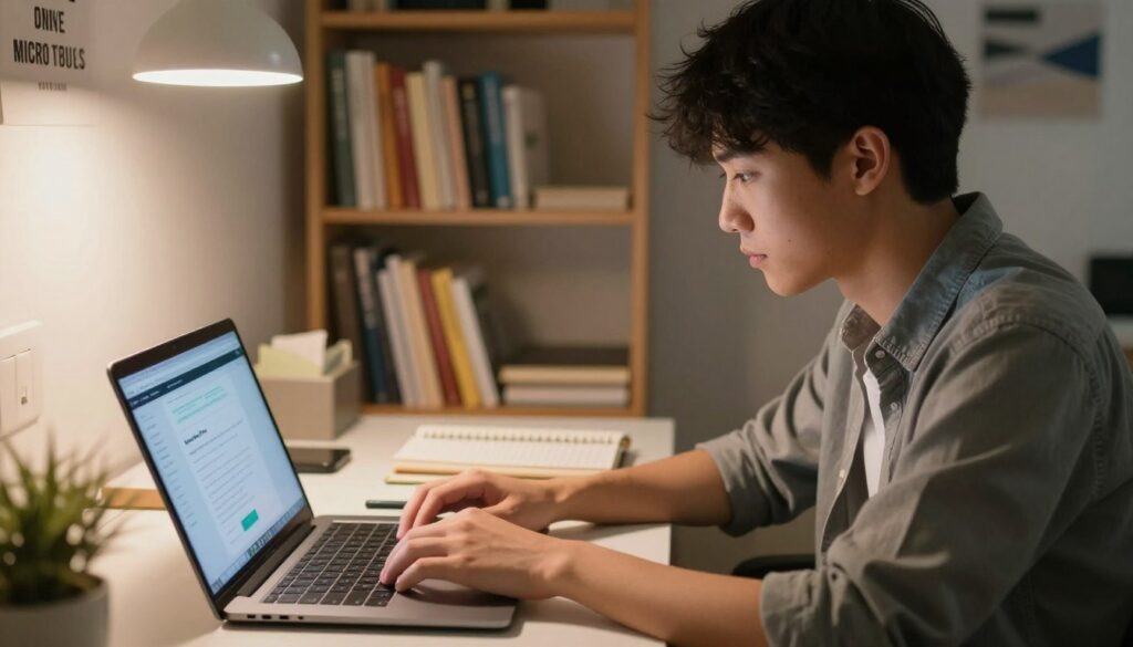 A focused college student in a cozy, well-lit study space, seated at a desk with a laptop open, engaged in online data entry and micro-tasking. Their attire is casual yet neat, representing a professional vibe. Foreground features a close-up of the laptop screen displaying a platform interface, while the middle layer showcases the student’s focused expression and neatly organized notebooks. In the background, shelves filled with books and a motivational poster create an inspiring atmosphere. Soft, warm lighting casts a welcoming glow, emphasizing productivity and ambition. The overall mood is focused and determined, capturing the essence of online work opportunities for students. A focused college student in a cozy, well-lit study space, seated at a desk with a laptop open, engaged in online data entry and micro-tasking. Their attire is casual yet neat, representing a professional vibe. Foreground features a close-up of the laptop screen displaying a platform interface, while the middle layer showcases the student’s focused expression and neatly organized notebooks. In the background, shelves filled with books and a motivational poster create an inspiring atmosphere. Soft, warm lighting casts a welcoming glow, emphasizing productivity and ambition. The overall mood is focused and determined, capturing the essence of online work opportunities for students.