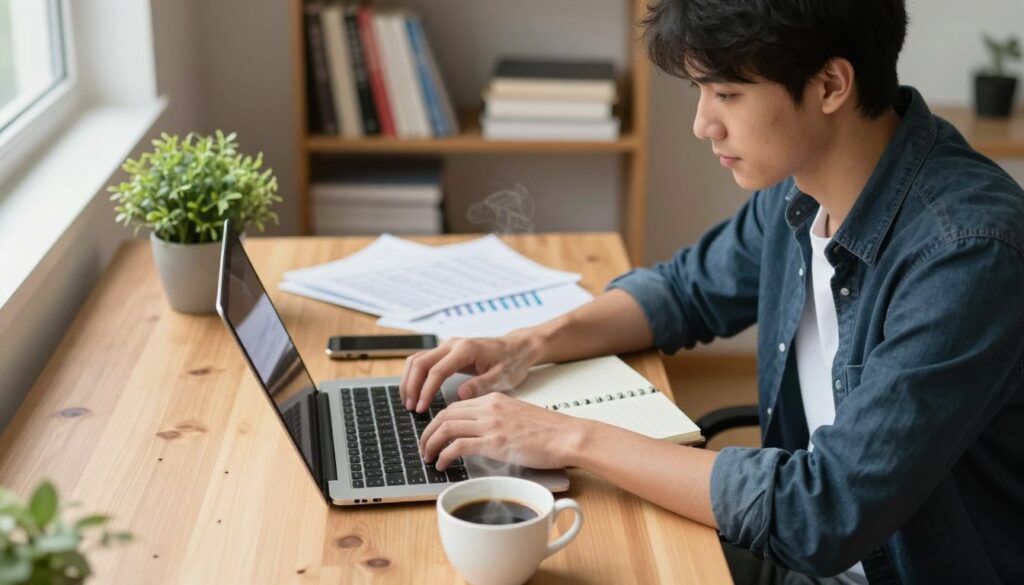 A focused, serene workspace depicting a young college student engaged in freelance writing. In the foreground, a wooden desk with a laptop, open notebook, and a steaming cup of coffee. The student, wearing smart casual attire, is intently typing, showcasing an expression of concentration. The middle layer features scattered notes and a potted plant adding a touch of greenery. In the background, a softly blurred bookshelf filled with writing guides and novels, subtly representing the academic world. The scene is lit with natural daylight streaming through a window, creating a warm and inviting atmosphere, evoking ideas of creativity and productivity in freelance writing and content creation. The angle is slightly overhead, capturing the focus of the student and their organized workspace. A focused, serene workspace depicting a young college student engaged in freelance writing. In the foreground, a wooden desk with a laptop, open notebook, and a steaming cup of coffee. The student, wearing smart casual attire, is intently typing, showcasing an expression of concentration. The middle layer features scattered notes and a potted plant adding a touch of greenery. In the background, a softly blurred bookshelf filled with writing guides and novels, subtly representing the academic world. The scene is lit with natural daylight streaming through a window, creating a warm and inviting atmosphere, evoking ideas of creativity and productivity in freelance writing and content creation. The angle is slightly overhead, capturing the focus of the student and their organized workspace.