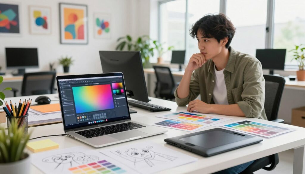 A vibrant and modern graphic design workspace filled with creative tools and digital elements. In the foreground, a sleek laptop with colorful design software open, surrounded by sketches, color palettes, and graphic tablets. The middle ground features a young professional in smart casual attire, thoughtfully working on a design, with a focused expression. The background showcases a bright and inviting office space adorned with inspiring artwork, plants, and ample natural light coming through large windows. The atmosphere is energetic and creatively charged, emphasizing innovation and productivity. Use soft, even lighting to create an inviting ambiance, captured with a wide-angle lens to convey a sense of space and creativity. A vibrant and modern graphic design workspace filled with creative tools and digital elements. In the foreground, a sleek laptop with colorful design software open, surrounded by sketches, color palettes, and graphic tablets. The middle ground features a young professional in smart casual attire, thoughtfully working on a design, with a focused expression. The background showcases a bright and inviting office space adorned with inspiring artwork, plants, and ample natural light coming through large windows. The atmosphere is energetic and creatively charged, emphasizing innovation and productivity. Use soft, even lighting to create an inviting ambiance, captured with a wide-angle lens to convey a sense of space and creativity.
