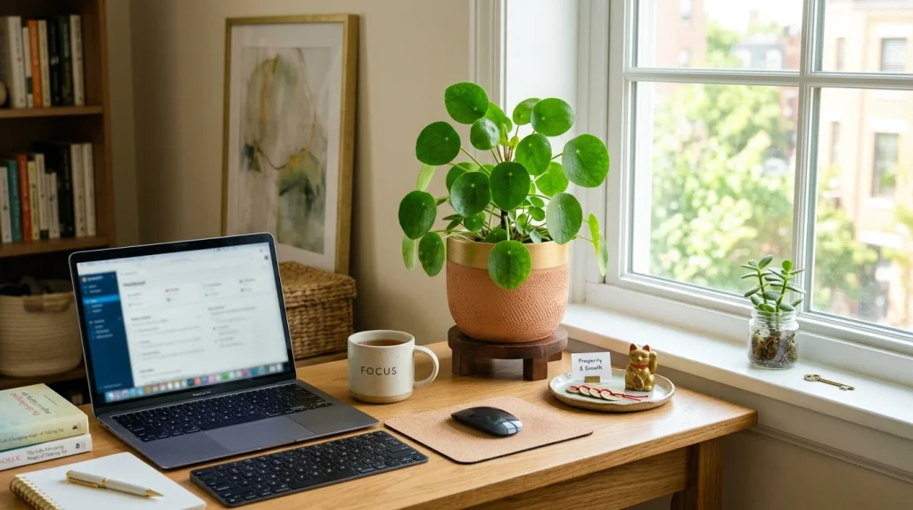 Chinese money plant positioned in a Feng Shui wealth corner