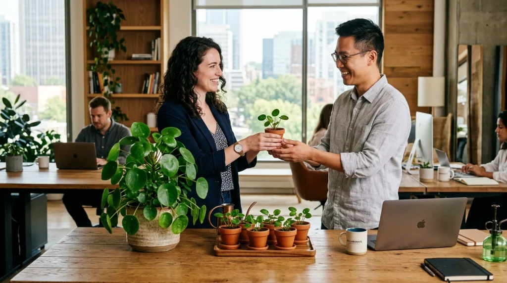 Chinese money plant pups being propagated in a startup office